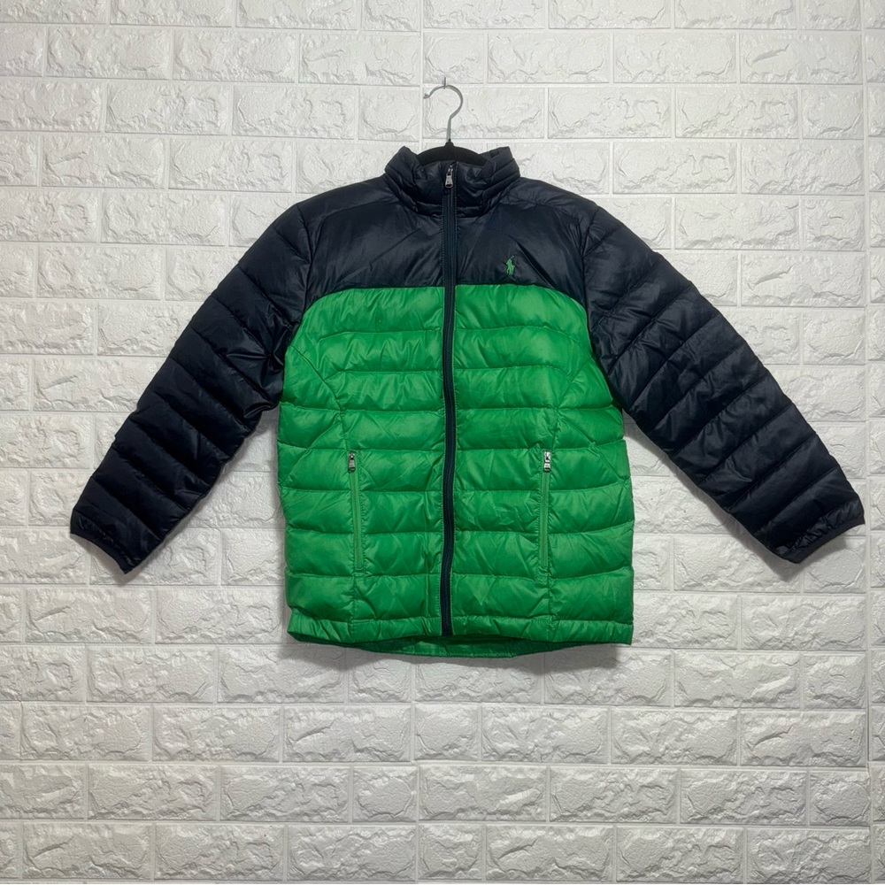 Polo Ralph Lauren Boys Puffer Jacket Green Black Zip Up Size M (10-12) Warm Coat